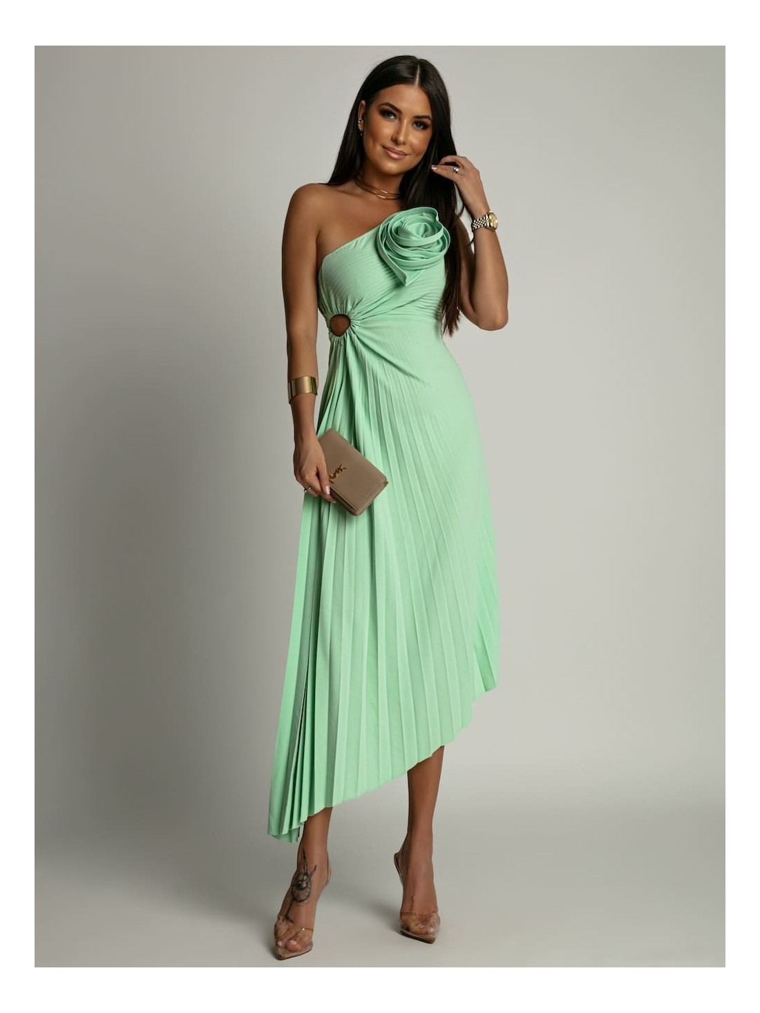 Elegant pleated dress with a pistachio flower AZRHP6987